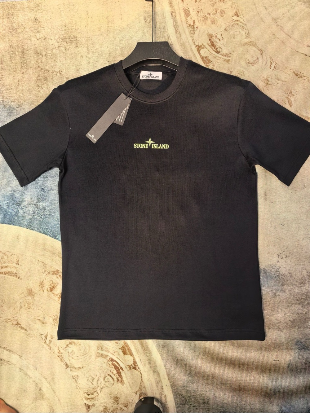 Stone Island Black Tee with Neon Green Compass Back Logo - Picture 2 of 6